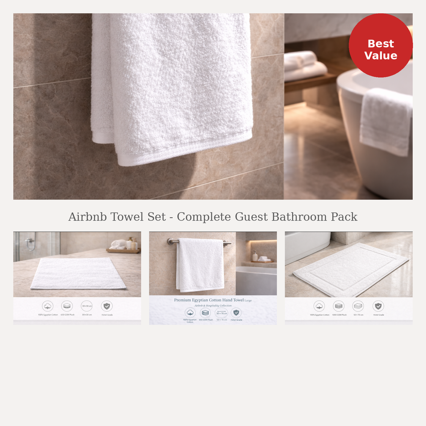 Airbnb towel set – complete guest bathroom pack, 650 GSM Egyptian cotton bath towels, hand towels and face cloths, white, StyHosp Kenya