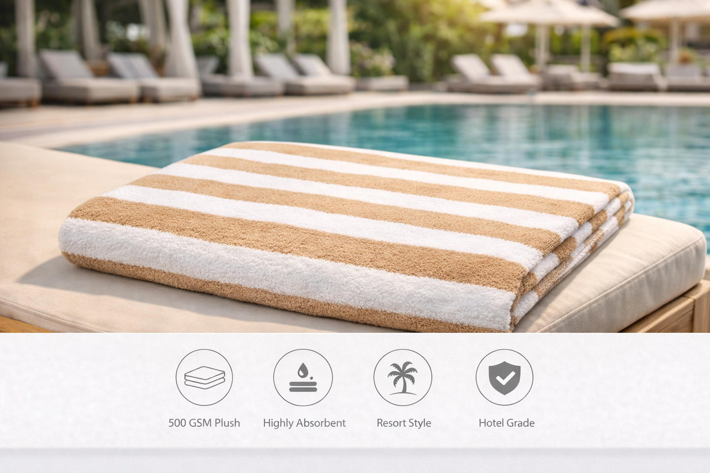 Pool Towel Beige/White Stripe 500GSM - Egyptian Cotton 90×180cm