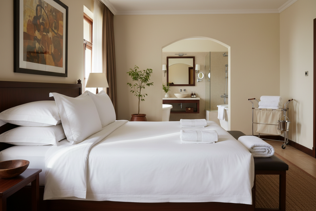 Hotel room turnover Kenya – guest-ready boutique hotel bedroom with crisp white linen, folded bath towels and professional housekeeping setup – StyHosp premium hospitality linen for hotels, lodges, resorts and Airbnb in Nairobi