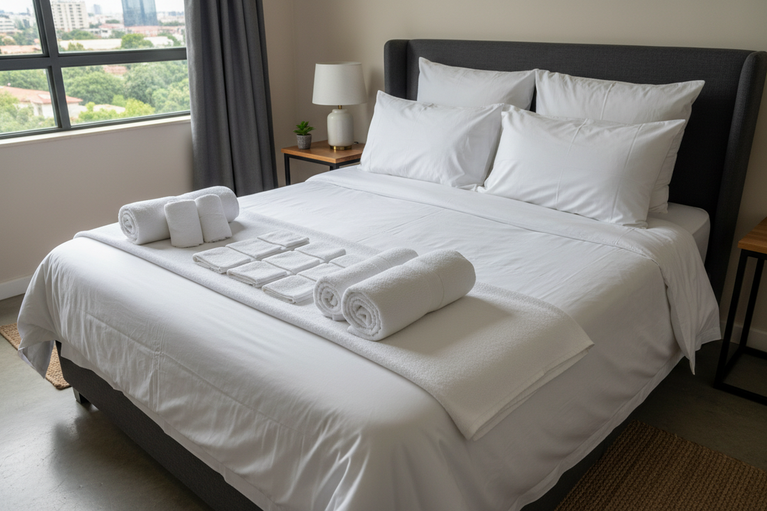 Complete linen checklist setup for new Airbnb hosts in Nairobi showing bed sheets, towels, and essential items