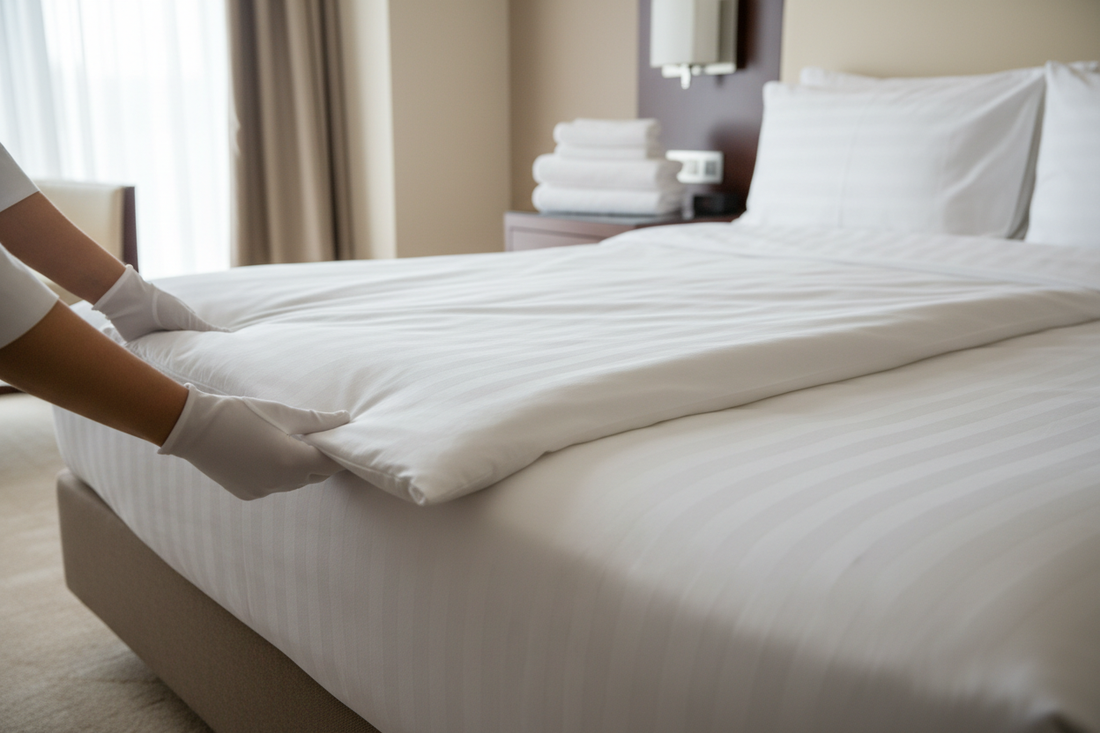Hotel housekeeper folding white hotel linen - daily weekly monthly linen care checklist for Kenya hotels and Airbnbs 2026