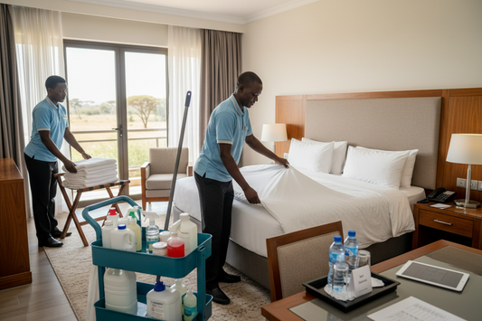 Kenya hotel housekeeping staff demonstrating fast room turnover with crisp white bed linen and efficient cleaning process