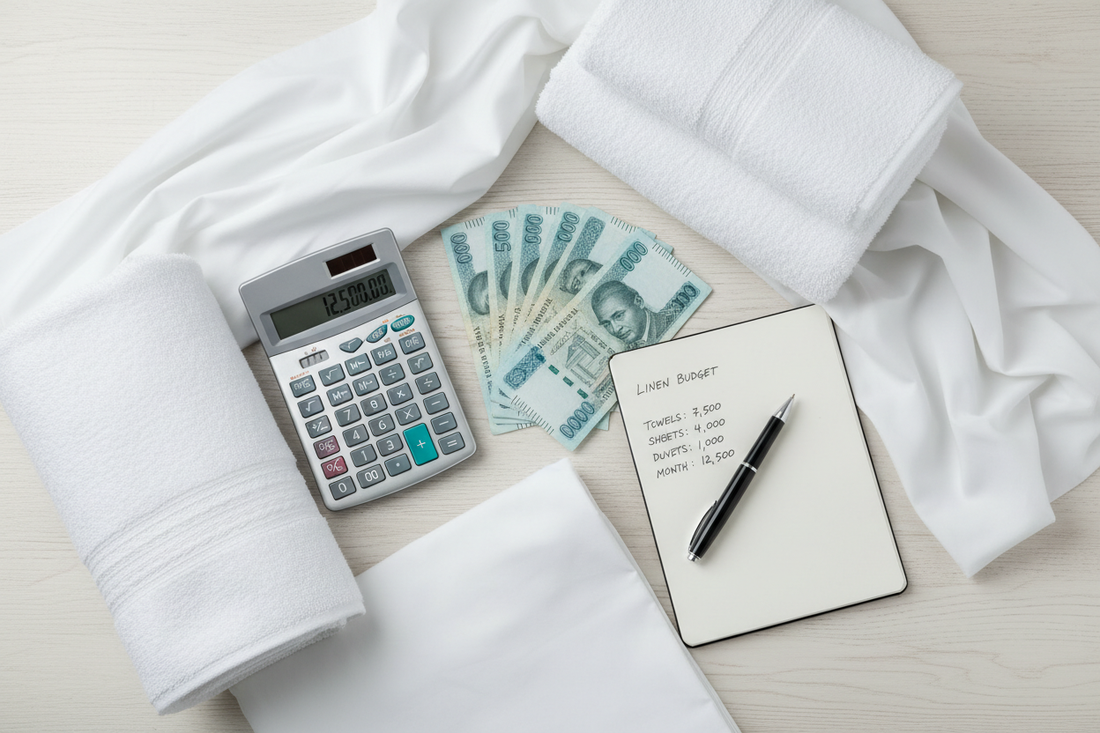 Hotel linen budget planning with Kenyan shillings and calculator showing impact of tourism levy and VAT changes 2026