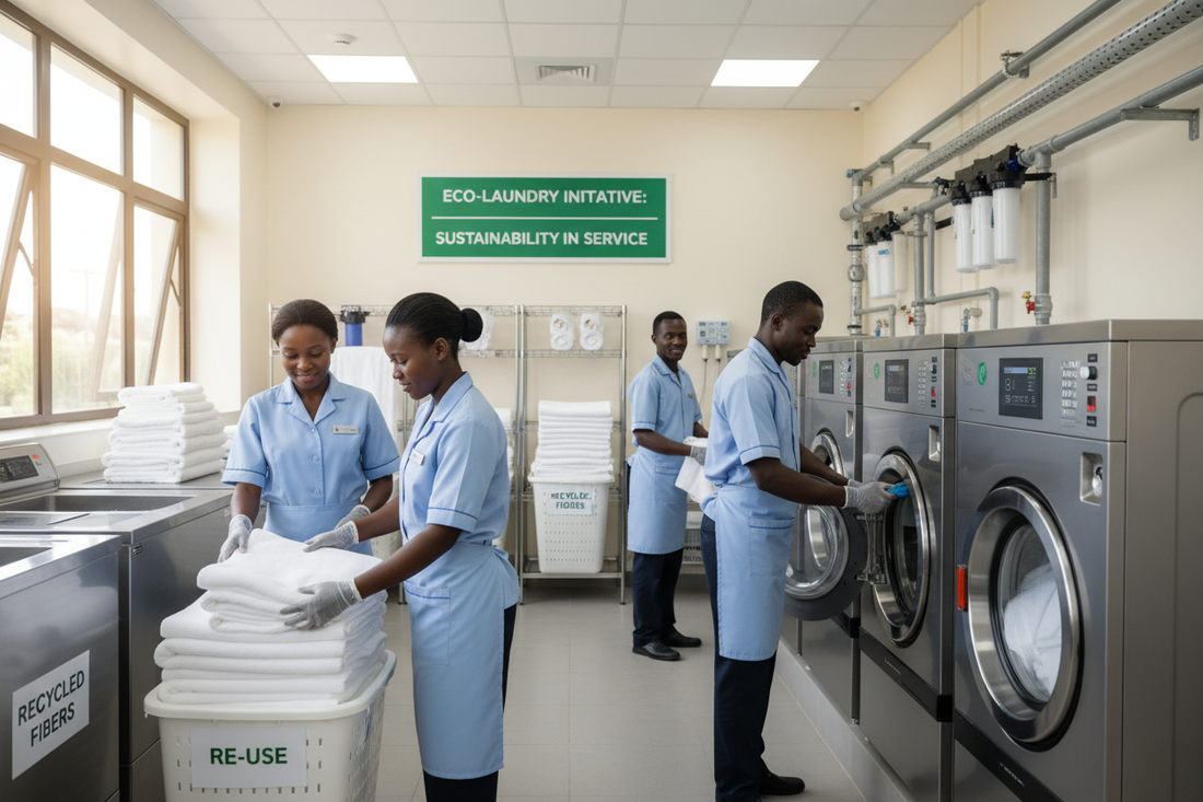 Hotel housekeeping staff in Kenya practicing eco-friendly linen management and water-saving laundry techniques