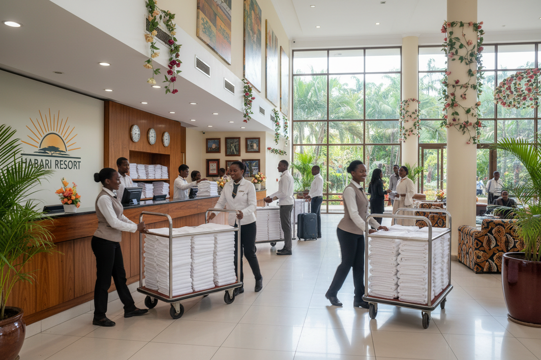 Kenya hotel staff preparing linen inventory for Easter peak season and tourism surge