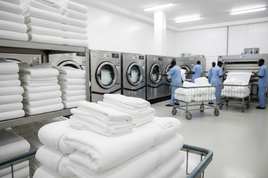 Commercial laundry care for hotel towels in Kenya showing proper washing and maintenance techniques