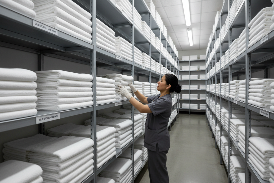 Hotel linen closet with labeled shelves demonstrating FIFO first-in-first-out rotation system for towels and bed sheets
