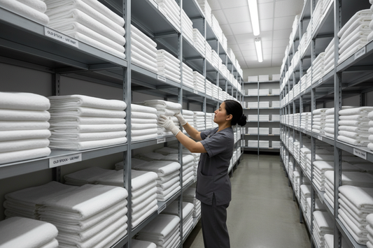 Hotel linen closet with labeled shelves demonstrating FIFO first-in-first-out rotation system for towels and bed sheets