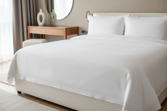 Crisp white hotel bed linens and towels in luxury Kenyan hotel room - premium white sheets and duvet cover