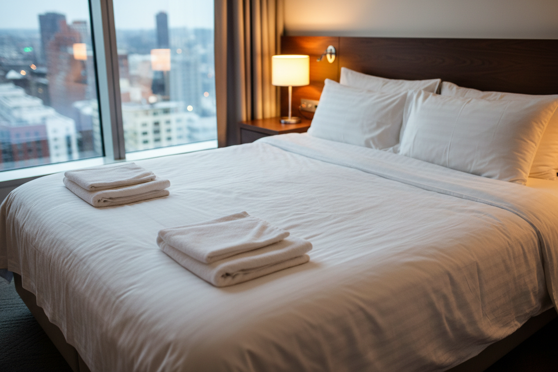 Airbnb host linen setup Kenya – crisp white Egyptian cotton bed sheets, duvet cover, pillowcases and folded bath towels in a bright luxury hotel room – StyHosp premium hospitality linen for Airbnb hosts, hotels and guesthouses in Nairobi