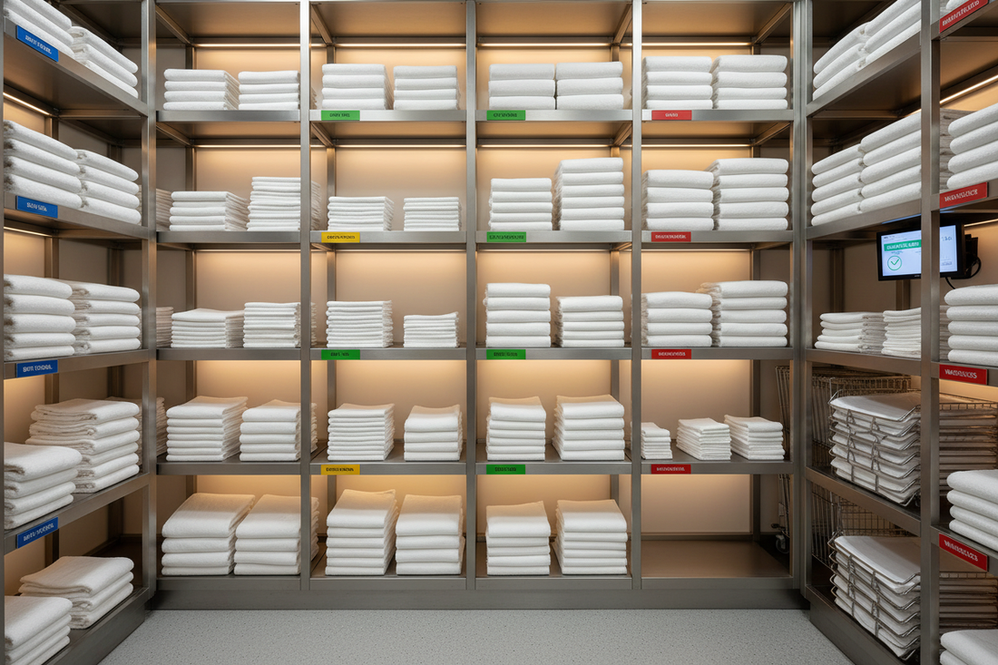 Hotel linen closet with labeled shelves demonstrating FIFO first-in-first-out rotation system for towels and bed sheets