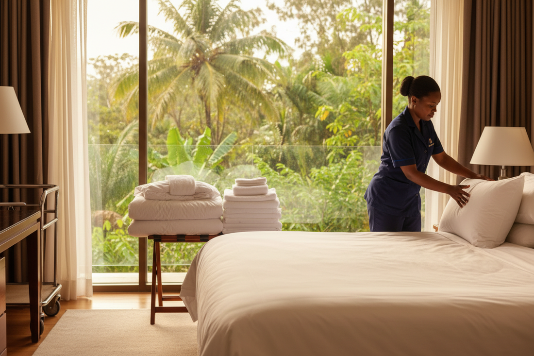 Kenya hotel staff preparing linen inventory for Easter peak season and tourism surge