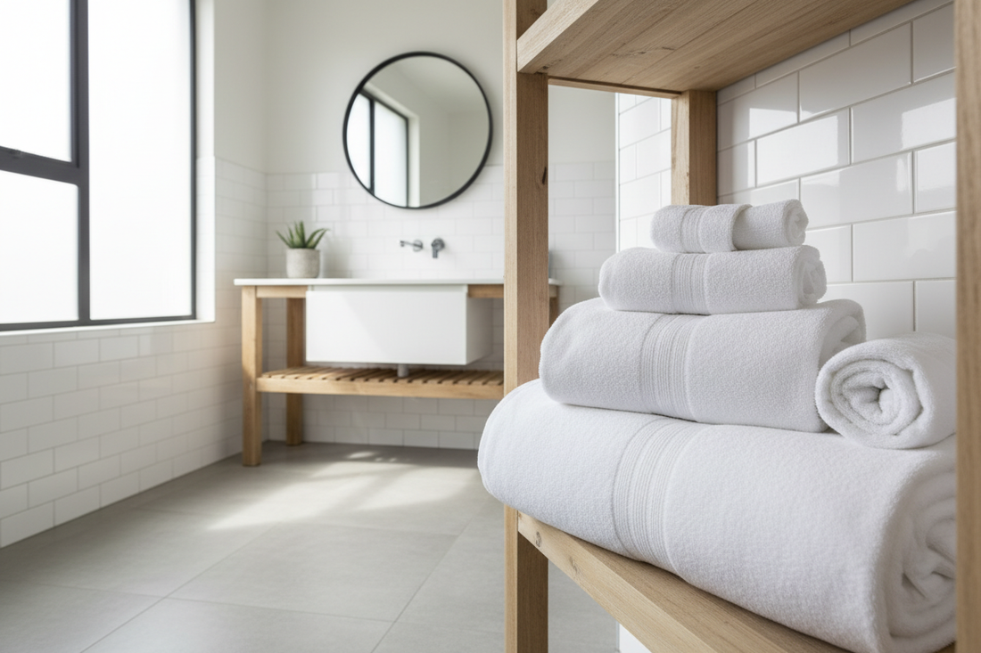 Premium white hotel towels displayed in modern Airbnb bathroom in Kenya showing quality hospitality towel selection