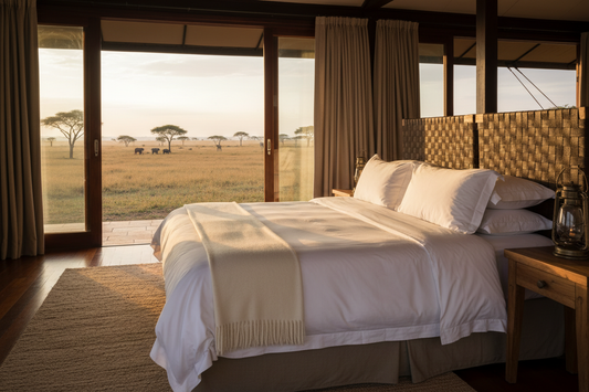 Luxury safari lodge bed with crisp white linen overlooking Kenya savanna - dry season peak season linen prep guide 2026