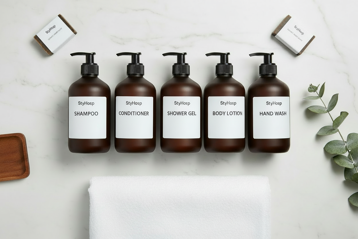 Hotel amenities toiletries Kenya – StyHosp brown pump dispensers for shampoo, conditioner, shower gel, body lotion and hand wash, arranged on marble surface, luxury hospitality supplies for hotels, lodges and Airbnb