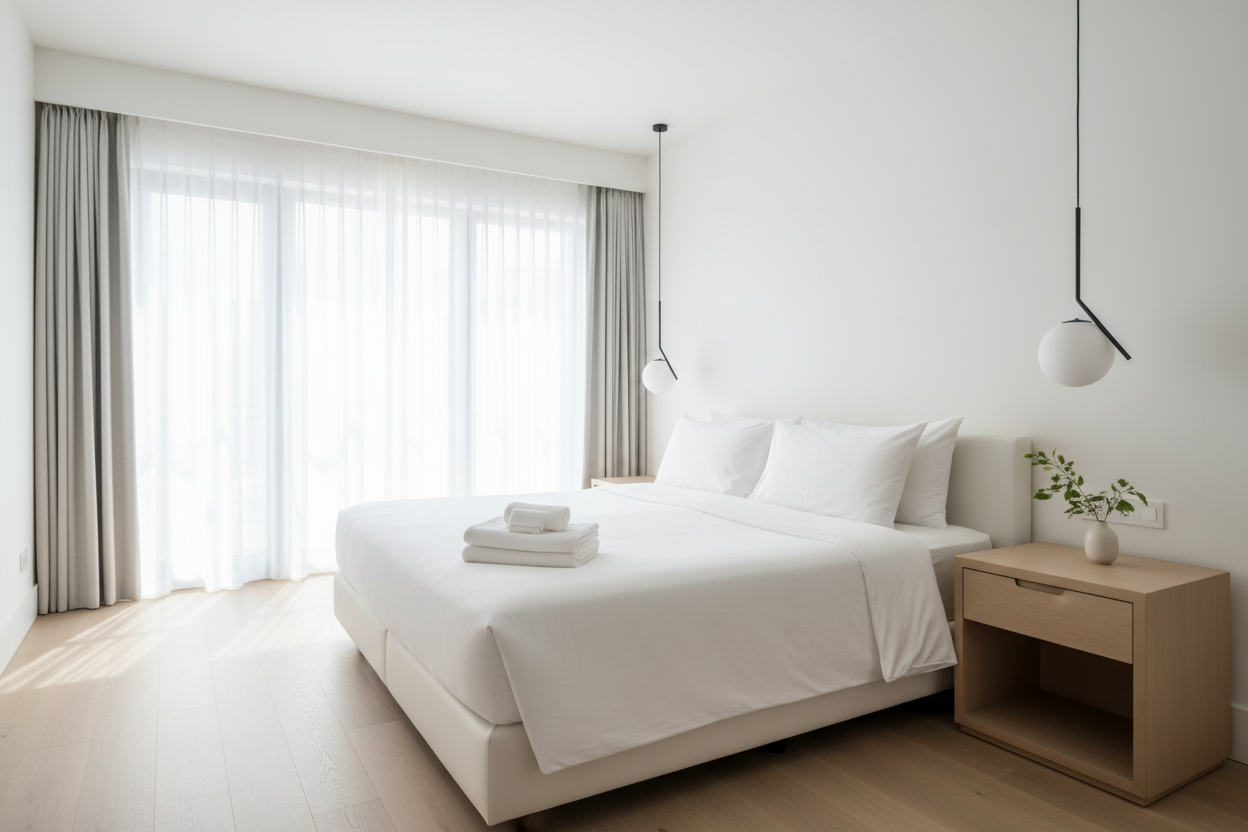 Hotel bed and bath bundle Kenya – white Egyptian cotton sheets, duvet cover, pillowcases and folded bath towels in a bright luxury hotel room – StyHosp complete hospitality linen bundle for hotels, Airbnb and guesthouses