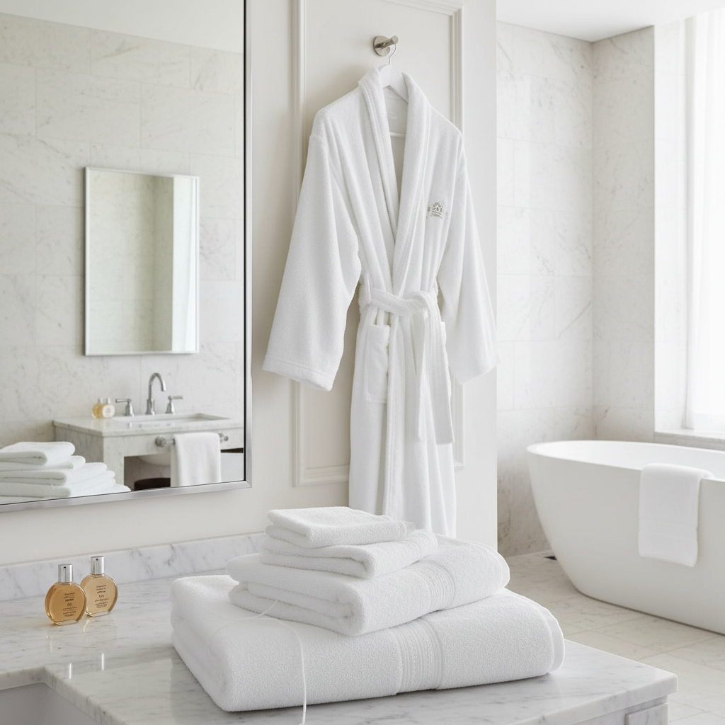 Premium Egyptian cotton bath linen collection white towels robes and bath mats for hotels and Airbnb Kenya