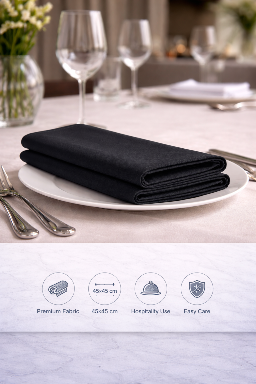 Black table napkins 45×45 cm – elegant hotel-quality cotton napkins for restaurants, hotels and hospitality use, StyHosp Kenya