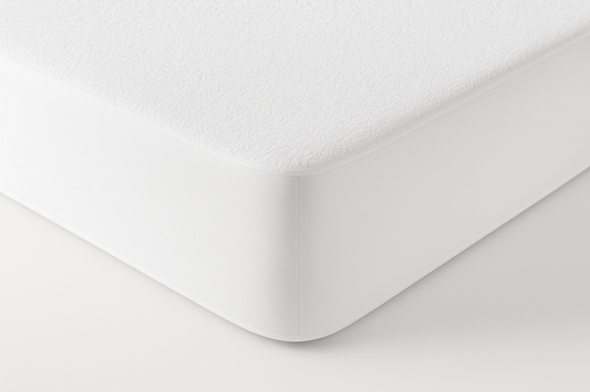 Professional product photography of a 100% waterproof fitted mattress protector in clean white terry cloth texture