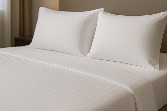 Professional product photography of premium white flat bed sheets with very narrow 1cm white satin stripes woven into the fabric